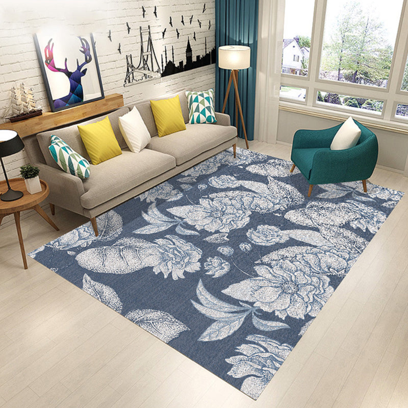 Blue and Brown Bedroom Rug Modern Botanical Flower Leaf Pattern Area Rug Polyester Pet Friendly Carpet Clearhalo 'Area Rug' 'Modern' 'Rugs' Rug' 1715148