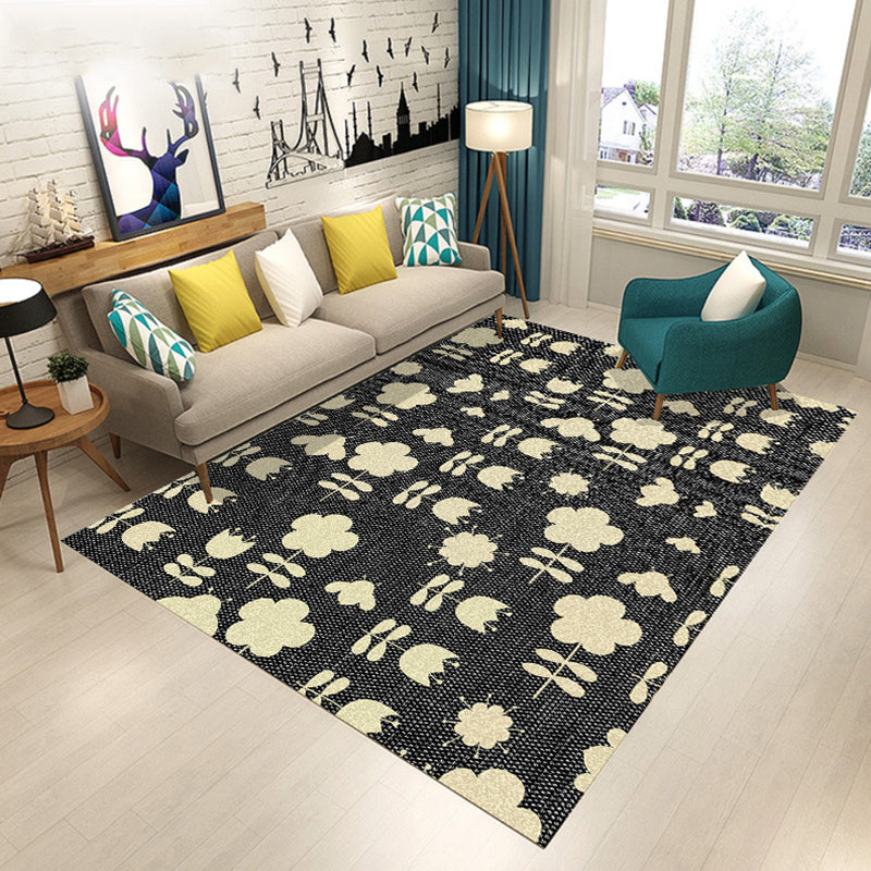 Blue and Brown Bedroom Rug Modern Botanical Flower Leaf Pattern Area Rug Polyester Pet Friendly Carpet Black Clearhalo 'Area Rug' 'Modern' 'Rugs' Rug' 1715444