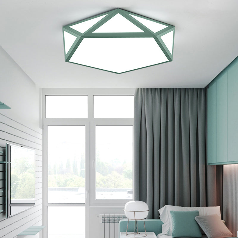 Acrylic Pentagon Ceiling Light Kid Bedroom Macaron Loft Ceiling Mount Light with Metal Guard Green Clearhalo 'Ceiling Lights' 'Close To Ceiling Lights' 'Close to ceiling' 'Flush mount' Lighting' 171679