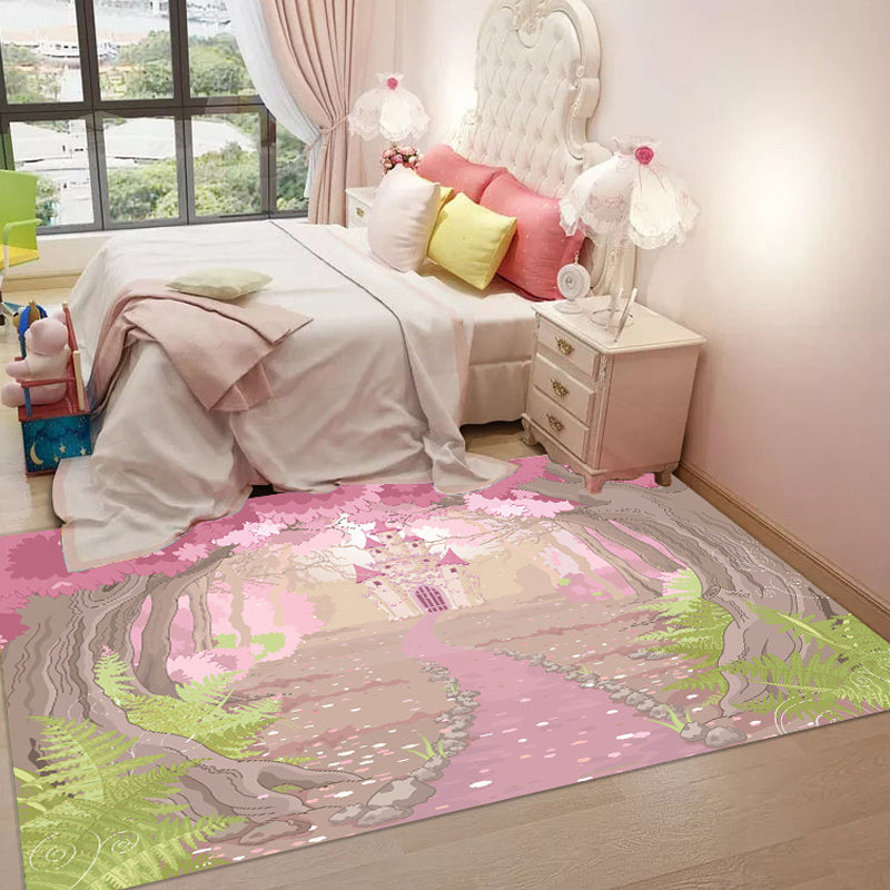 Pink and Blue Kids Rug Polyester Forest and City Pattern Rug Pet Friendly Washable Anti-Slip Backing Carpet for Decoration Pink Clearhalo 'Area Rug' 'Rug' 1716956