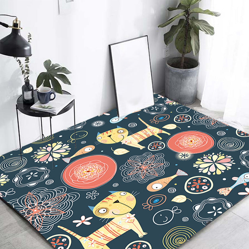 Dark Black Kids Rug Polyester Animal and Floral Pattern Rug Pet Friendly Washable Anti-Slip Backing Carpet for Decoration Dark Blue Clearhalo 'Area Rug' 'Rug' 1717011