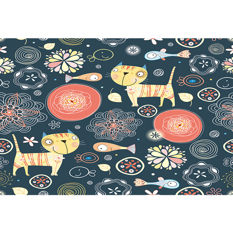 Dark Black Kids Rug Polyester Animal and Floral Pattern Rug Pet Friendly Washable Anti-Slip Backing Carpet for Decoration Clearhalo 'Area Rug' 'Rug' 1717013