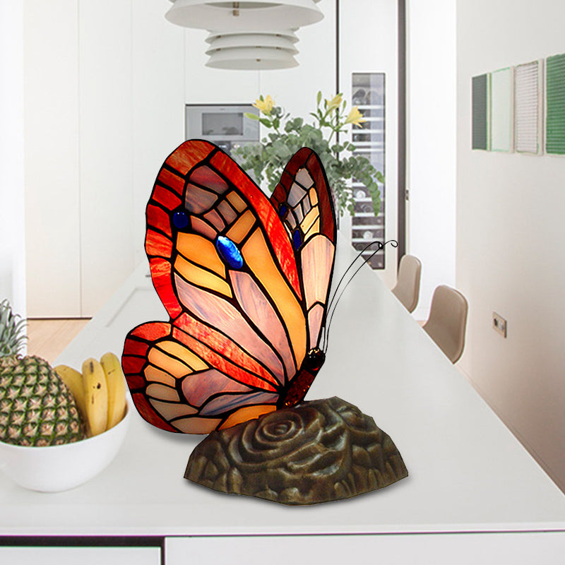 Stained Glass Butterfly Table Lighting Tiffany 1 Light Art Deco Standing Lamp in Yellow/Green/Red/Orange Red for Coffee Shop Clearhalo 'Lamps' 'Table Lamps' Lighting' 171772