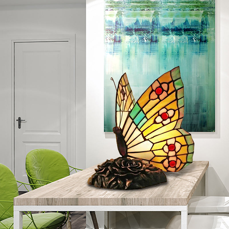 Stained Glass Butterfly Table Lighting Tiffany 1 Light Art Deco Standing Lamp in Yellow/Green/Red/Orange Red for Coffee Shop Yellow Clearhalo 'Lamps' 'Table Lamps' Lighting' 171777