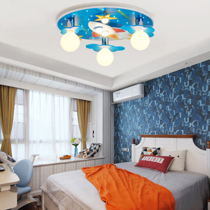 Kids Spaceship Ceiling Mount Light Wood Blue Finish Ceiling Lamp for Kindergarten Blue Universe Clearhalo 'Ceiling Lights' 'Close To Ceiling Lights' 'Close to ceiling' 'Flush mount' Lighting' 171910