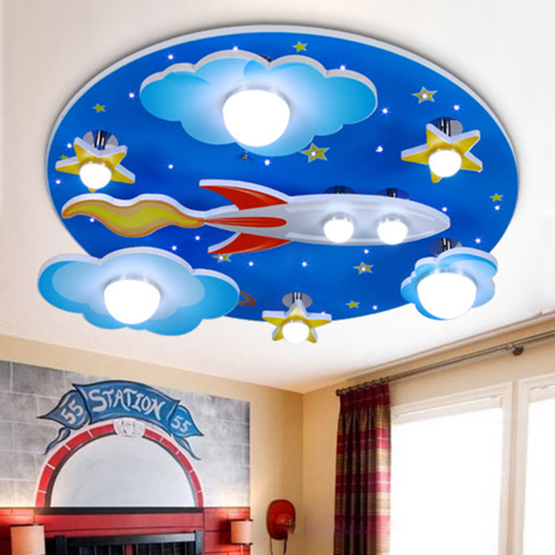 Kids Spaceship Ceiling Mount Light Wood Blue Finish Ceiling Lamp for Kindergarten Blue Rocket Clearhalo 'Ceiling Lights' 'Close To Ceiling Lights' 'Close to ceiling' 'Flush mount' Lighting' 171913