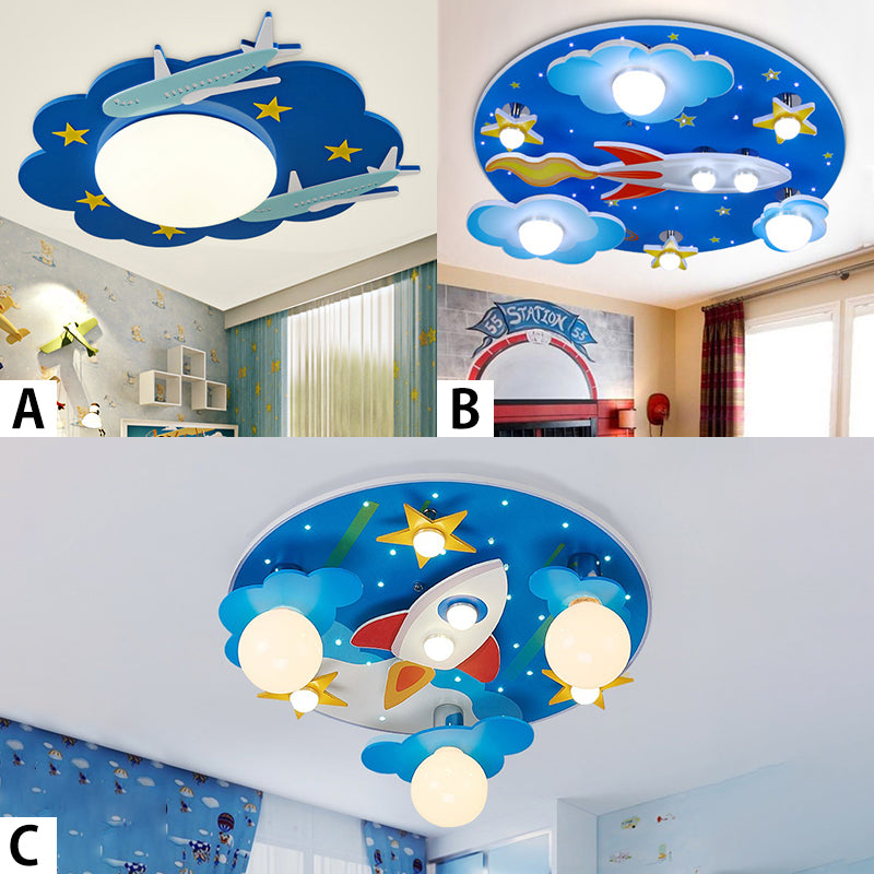 Kids Spaceship Ceiling Mount Light Wood Blue Finish Ceiling Lamp for Kindergarten Clearhalo 'Ceiling Lights' 'Close To Ceiling Lights' 'Close to ceiling' 'Flush mount' Lighting' 171918