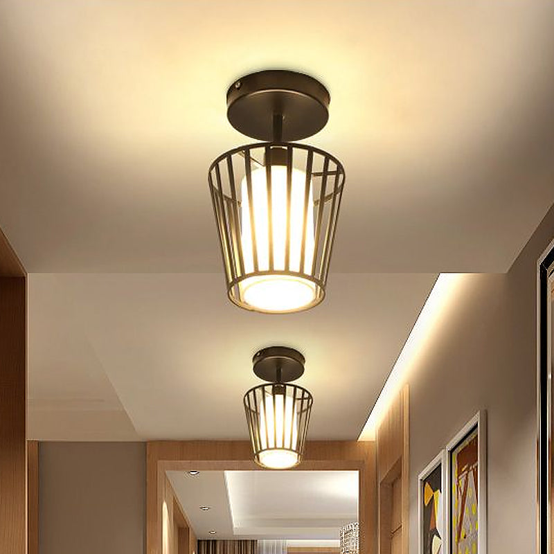 Conical/Cylindrical Shade Ceiling Flush Mount with Metal Cage Simple 1 Bulb Semi-Flushmount Lamp in Black Finish Clearhalo 'Ceiling Lights' 'Close To Ceiling Lights' 'Close to ceiling' 'Flush mount' Lighting' 1719563