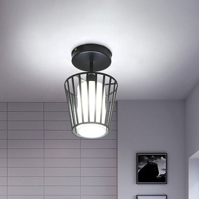 Conical/Cylindrical Shade Ceiling Flush Mount with Metal Cage Simple 1 Bulb Semi-Flushmount Lamp in Black Finish Clearhalo 'Ceiling Lights' 'Close To Ceiling Lights' 'Close to ceiling' 'Flush mount' Lighting' 1719564