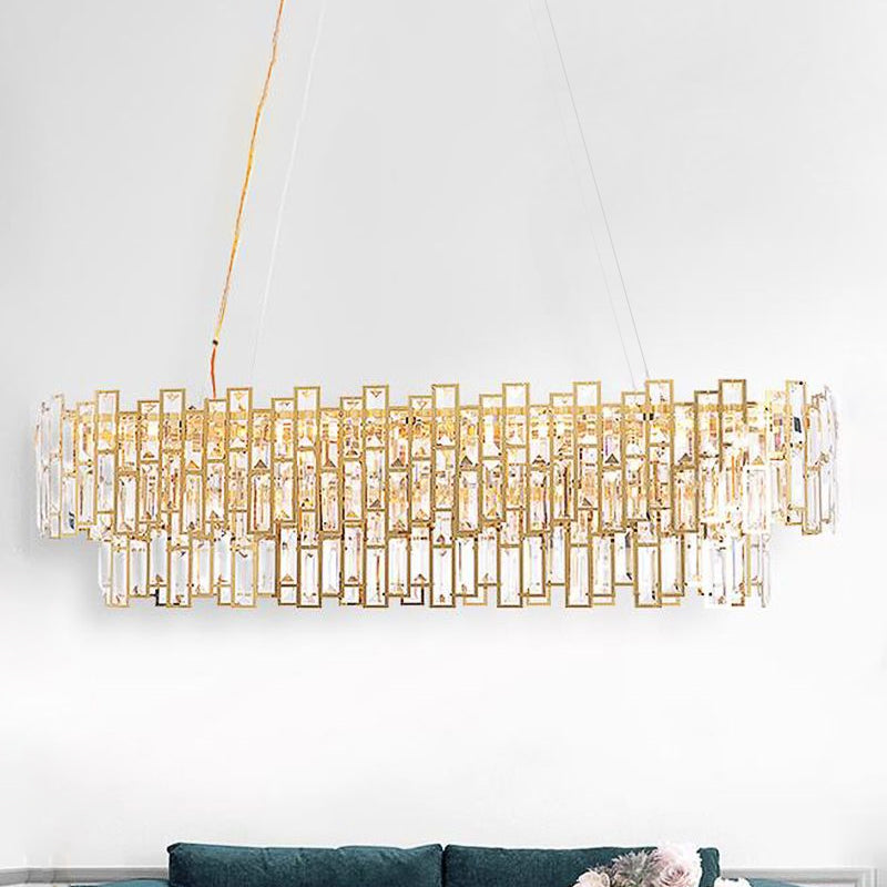 Crystal Block Linear Chandelier Light Contemporary Gold LED Hanging Ceiling Lamp for Living Room, 35.5"/45" Wide Clearhalo 'Ceiling Lights' 'Chandeliers' 'Modern Chandeliers' 'Modern' Lighting' 1719565