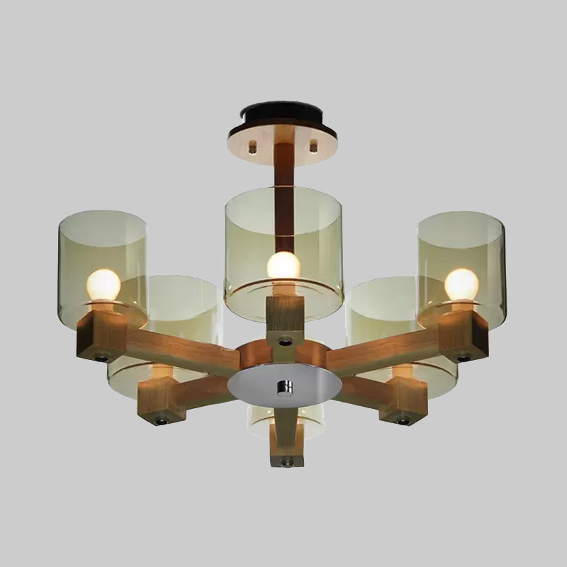 Wood Cylinder Chandelier Light with Radial Design Industrial 4/6/8 Lights Amber Glass Hanging Pendant Lamp Clearhalo 'Ceiling Lights' 'Chandeliers' 'Glass shade' 'Glass' 'Modern Chandeliers' 'Modern' Lighting' 1719588