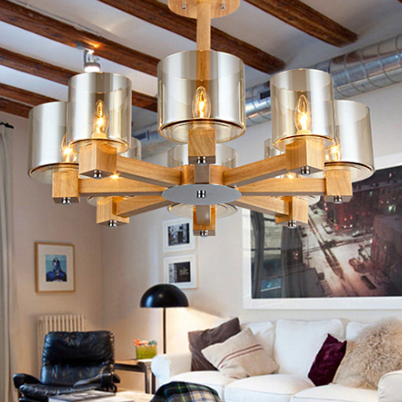 Wood Cylinder Chandelier Light with Radial Design Industrial 4/6/8 Lights Amber Glass Hanging Pendant Lamp Clearhalo 'Ceiling Lights' 'Chandeliers' 'Glass shade' 'Glass' 'Modern Chandeliers' 'Modern' Lighting' 1719589