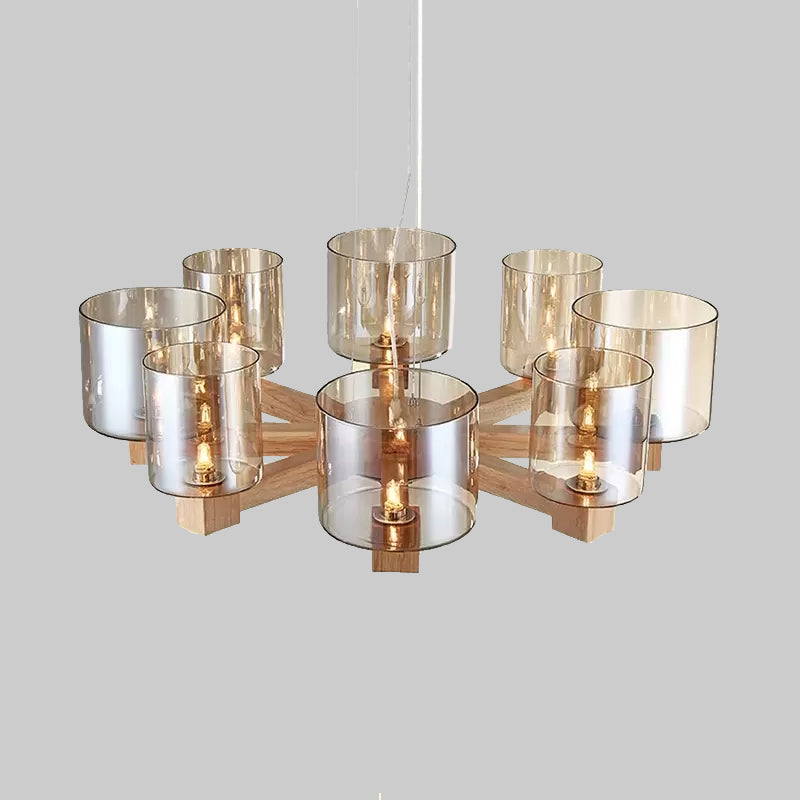 Wood Cylinder Chandelier Light with Radial Design Industrial 4/6/8 Lights Amber Glass Hanging Pendant Lamp Clearhalo 'Ceiling Lights' 'Chandeliers' 'Glass shade' 'Glass' 'Modern Chandeliers' 'Modern' Lighting' 1719590