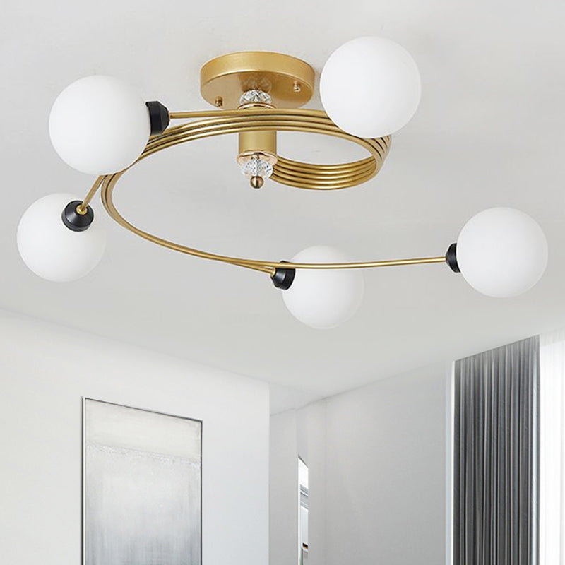 Gold Spiral Semi Flush Lighting Nordic 3/5 Lights Ceiling Flushmount with Orb Clear/Milk/White Glass Shade Clearhalo 'Ceiling Lights' 'Close To Ceiling Lights' 'Close to ceiling' 'Glass shade' 'Glass' 'Pendant Lights' 'Semi-flushmount' Lighting' 1719627