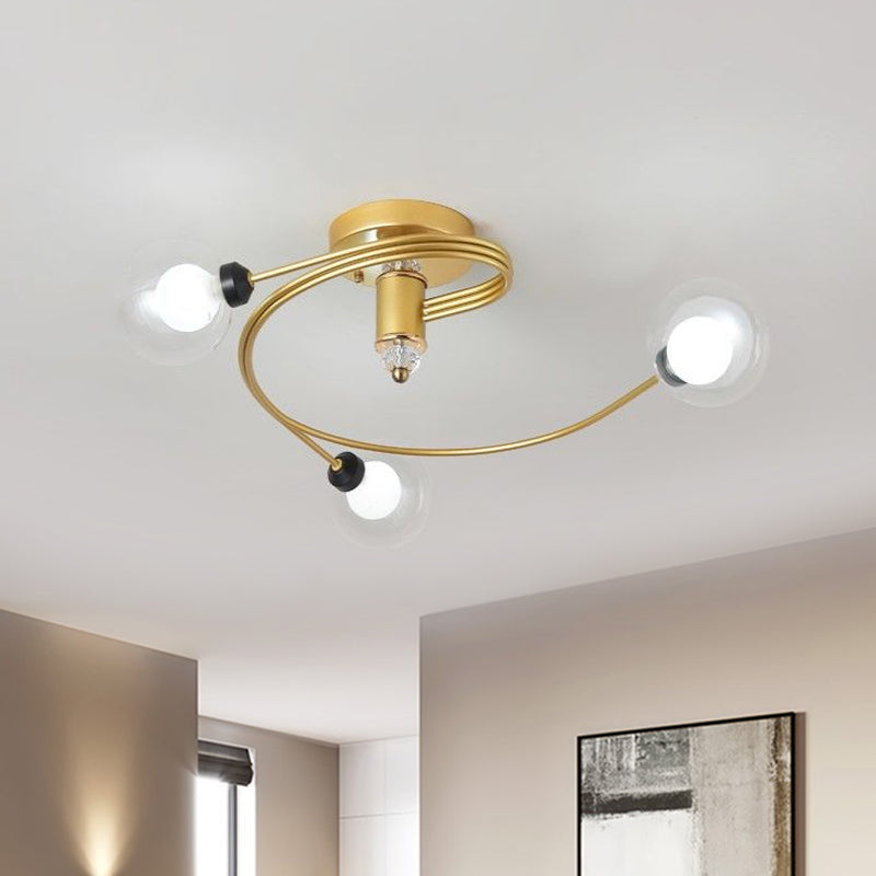 Gold Spiral Semi Flush Lighting Nordic 3/5 Lights Ceiling Flushmount with Orb Clear/Milk/White Glass Shade Clearhalo 'Ceiling Lights' 'Close To Ceiling Lights' 'Close to ceiling' 'Glass shade' 'Glass' 'Pendant Lights' 'Semi-flushmount' Lighting' 1719630