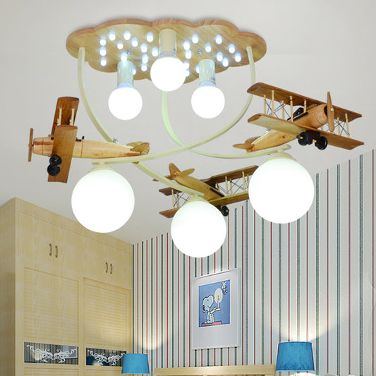 Cloud & Glider Semi Flush Mount Light Contemporary Cool Ceiling Light for Kindergarten Wood Clearhalo 'Ceiling Lights' 'Close To Ceiling Lights' 'Close to ceiling' 'Flush mount' Lighting' 172086