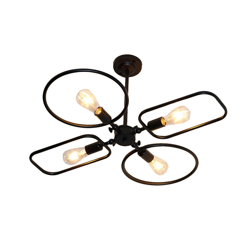 Simple Ring and Rectangle Ceiling Lamp Metal 4 Lights Black Ceiling Mount Light for Living Room Clearhalo 'Ceiling Lights' 'Close To Ceiling Lights' 'Close to ceiling' 'Semi-flushmount' Lighting' 172308