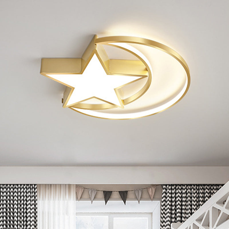 Crescent and Star Metal Ceiling Lamp Minimalist LED Gold Flush Mount Lighting in Warm/White Light Gold Clearhalo 'Ceiling Lights' 'Close To Ceiling Lights' 'Close to ceiling' 'Flush mount' Lighting' 1723087