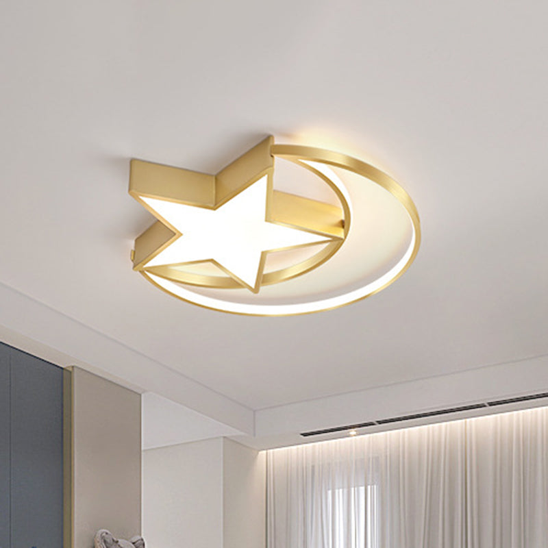 Crescent and Star Metal Ceiling Lamp Minimalist LED Gold Flush Mount Lighting in Warm/White Light Clearhalo 'Ceiling Lights' 'Close To Ceiling Lights' 'Close to ceiling' 'Flush mount' Lighting' 1723088