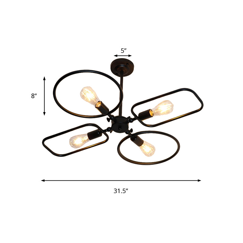 Simple Ring and Rectangle Ceiling Lamp Metal 4 Lights Black Ceiling Mount Light for Living Room Clearhalo 'Ceiling Lights' 'Close To Ceiling Lights' 'Close to ceiling' 'Semi-flushmount' Lighting' 172309