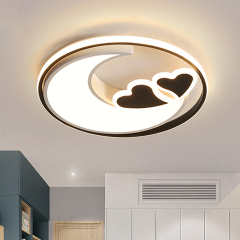 LED Playroom Ceiling Fixture Nordic Black/Pink Flush Lamp with Crescent and Heart Acrylic Shade Black Clearhalo 'Ceiling Lights' 'Close To Ceiling Lights' 'Close to ceiling' 'Flush mount' Lighting' 1723095