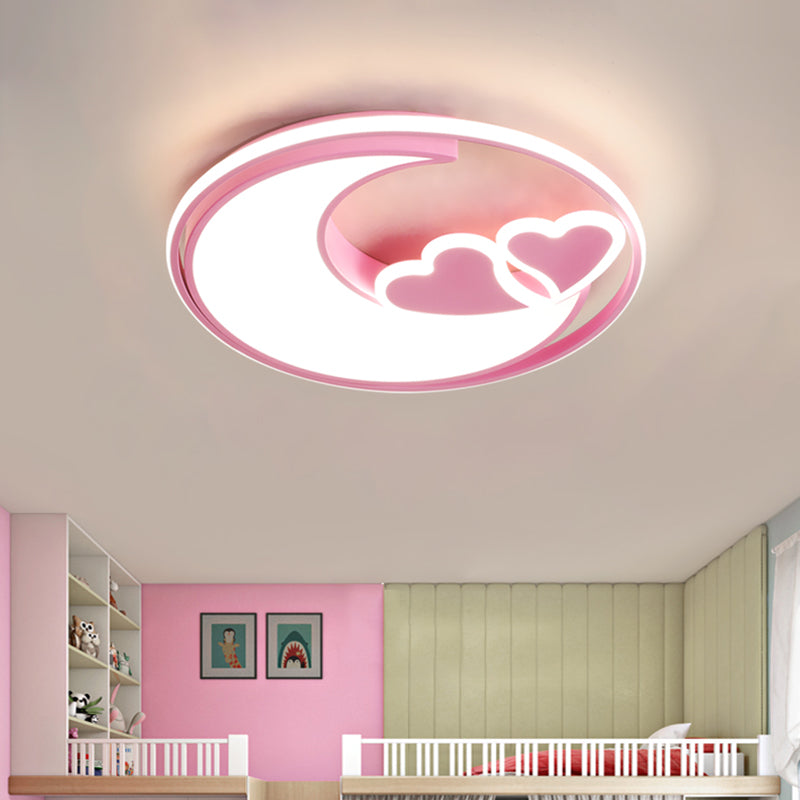 LED Playroom Ceiling Fixture Nordic Black/Pink Flush Lamp with Crescent and Heart Acrylic Shade Pink Clearhalo 'Ceiling Lights' 'Close To Ceiling Lights' 'Close to ceiling' 'Flush mount' Lighting' 1723099