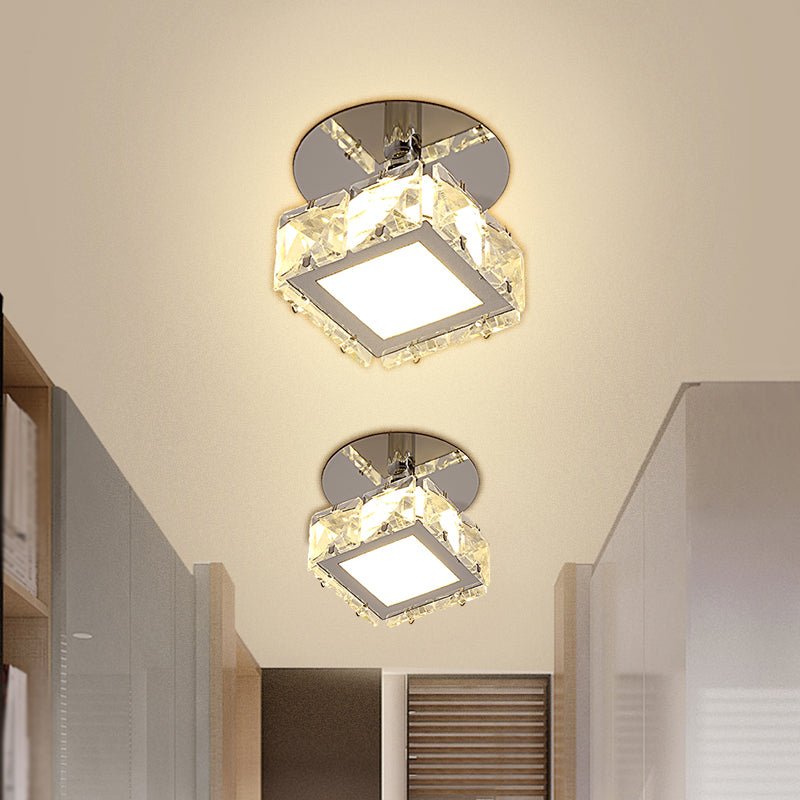 Chrome LED Square/Round Ceiling Fixture Modernist Crystal Block Semi Mount Lighting in Warm/White Light Clearhalo 'Ceiling Lights' 'Close To Ceiling Lights' 'Close to ceiling' 'Semi-flushmount' Lighting' 1723158