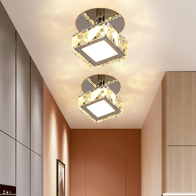 Chrome LED Square/Round Ceiling Fixture Modernist Crystal Block Semi Mount Lighting in Warm/White Light Clearhalo 'Ceiling Lights' 'Close To Ceiling Lights' 'Close to ceiling' 'Semi-flushmount' Lighting' 1723159