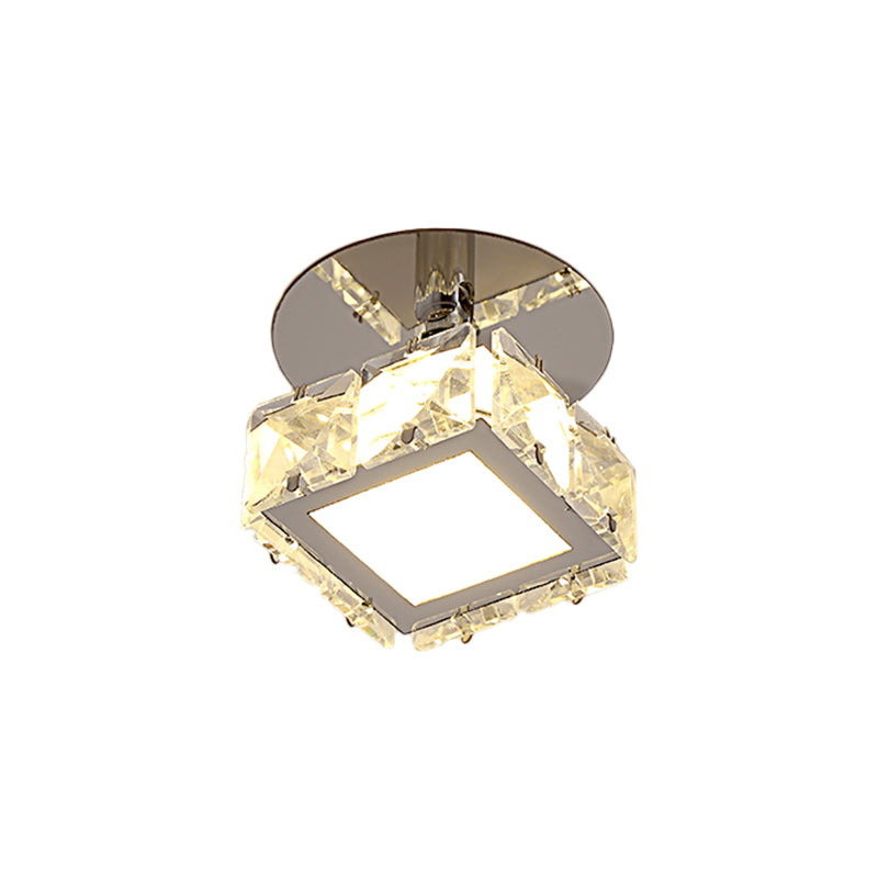 Chrome LED Square/Round Ceiling Fixture Modernist Crystal Block Semi Mount Lighting in Warm/White Light Clearhalo 'Ceiling Lights' 'Close To Ceiling Lights' 'Close to ceiling' 'Semi-flushmount' Lighting' 1723160