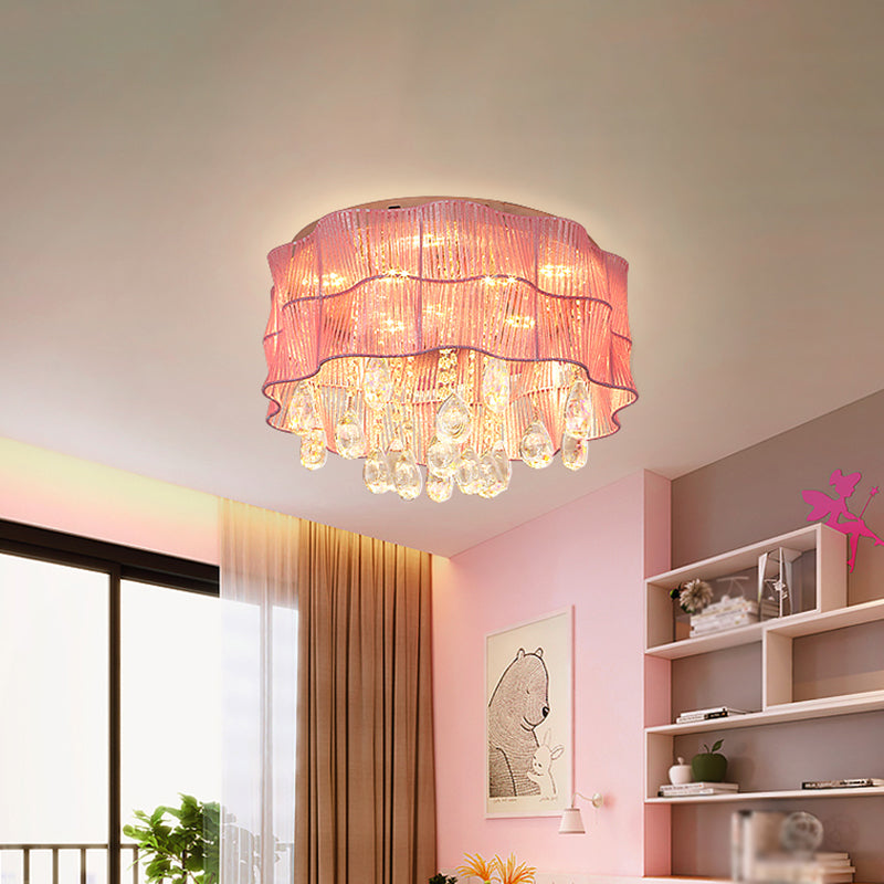 Flower Bedroom Flushmount Lighting Fabric LED Minimalist Ceiling Mounted Light with Crystal Strands in Pink/Blue Pink Clearhalo 'Ceiling Lights' 'Close To Ceiling Lights' 'Close to ceiling' 'Flush mount' Lighting' 1723184