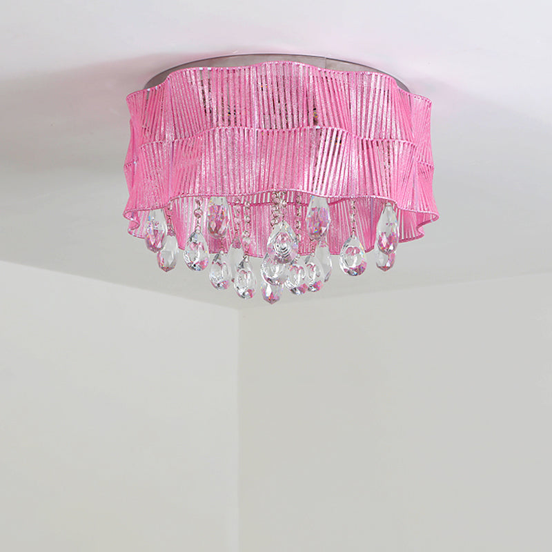 Flower Bedroom Flushmount Lighting Fabric LED Minimalist Ceiling Mounted Light with Crystal Strands in Pink/Blue Clearhalo 'Ceiling Lights' 'Close To Ceiling Lights' 'Close to ceiling' 'Flush mount' Lighting' 1723185