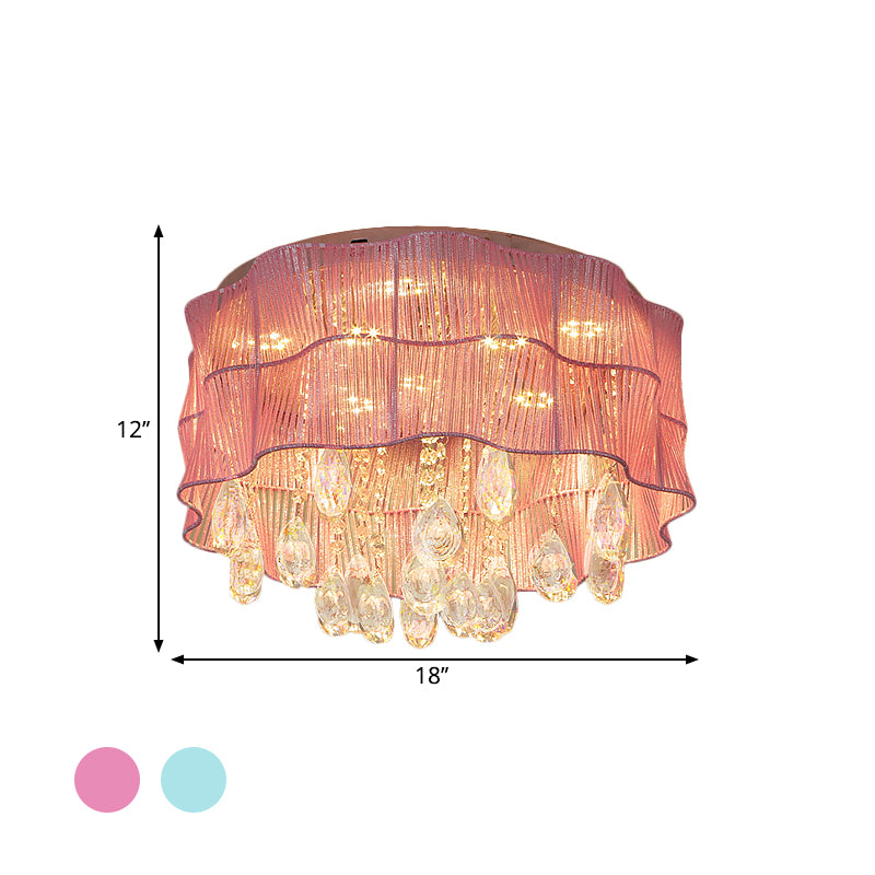 Flower Bedroom Flushmount Lighting Fabric LED Minimalist Ceiling Mounted Light with Crystal Strands in Pink/Blue Clearhalo 'Ceiling Lights' 'Close To Ceiling Lights' 'Close to ceiling' 'Flush mount' Lighting' 1723187