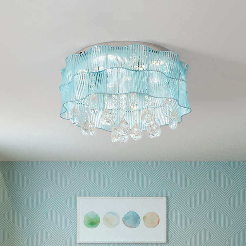 Flower Bedroom Flushmount Lighting Fabric LED Minimalist Ceiling Mounted Light with Crystal Strands in Pink/Blue Blue Clearhalo 'Ceiling Lights' 'Close To Ceiling Lights' 'Close to ceiling' 'Flush mount' Lighting' 1723188