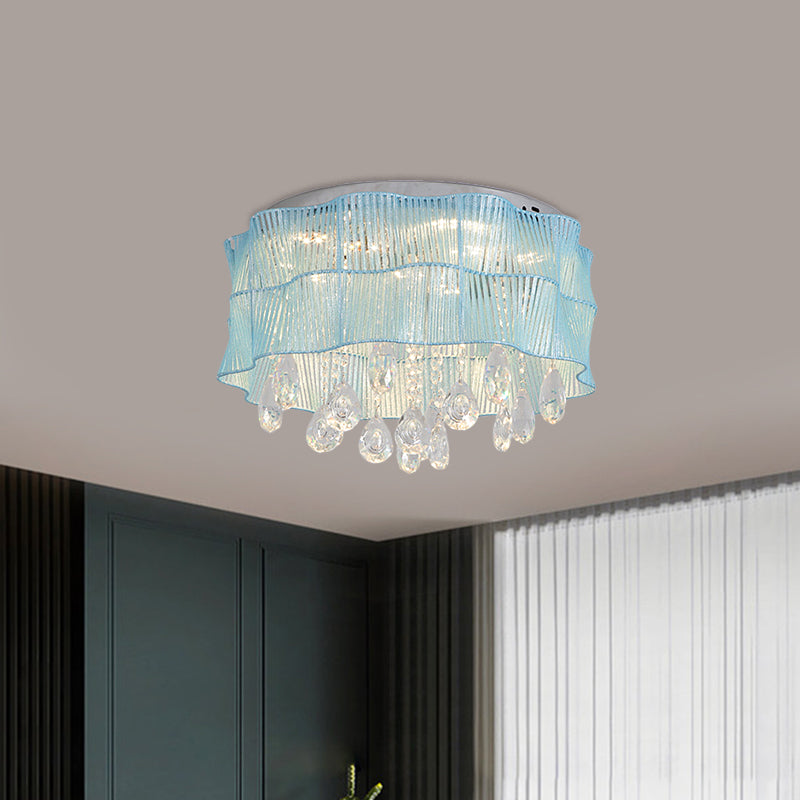 Flower Bedroom Flushmount Lighting Fabric LED Minimalist Ceiling Mounted Light with Crystal Strands in Pink/Blue Clearhalo 'Ceiling Lights' 'Close To Ceiling Lights' 'Close to ceiling' 'Flush mount' Lighting' 1723189