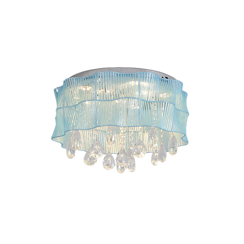 Flower Bedroom Flushmount Lighting Fabric LED Minimalist Ceiling Mounted Light with Crystal Strands in Pink/Blue Clearhalo 'Ceiling Lights' 'Close To Ceiling Lights' 'Close to ceiling' 'Flush mount' Lighting' 1723191