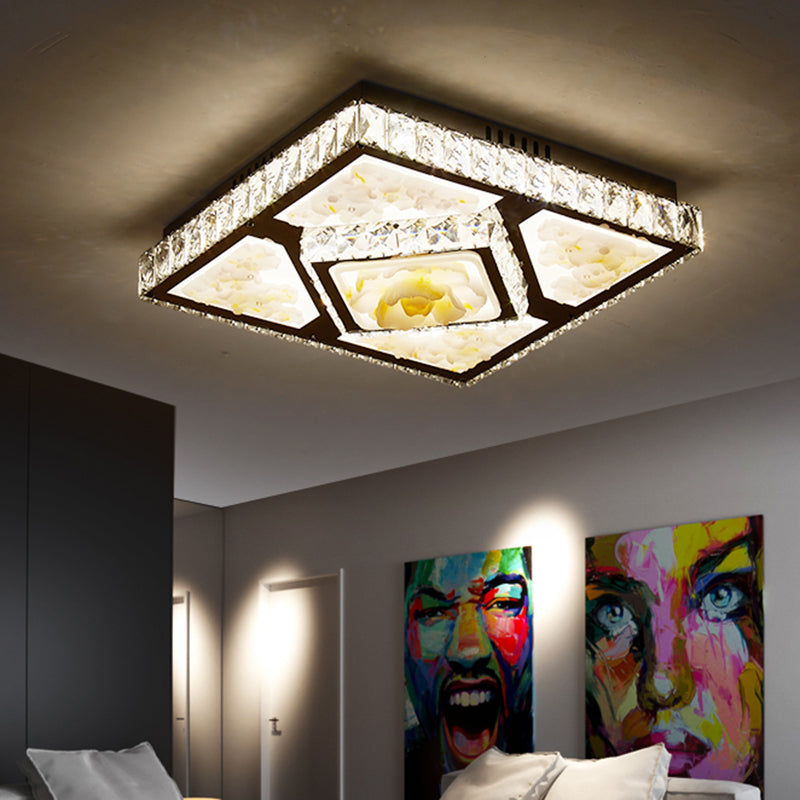 Modernism Square Ceiling Flush Crystal Block LED Parlor Flush Mount Light with Lotus Design in Chrome Clearhalo 'Ceiling Lights' 'Close To Ceiling Lights' 'Close to ceiling' 'Flush mount' Lighting' 1723284