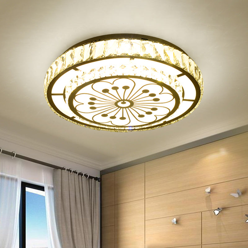 Chrome LED Round Flush Light Modernist Faceted Crystal Ceiling Mounted Fixture with Flower Pattern Chrome Clearhalo 'Ceiling Lights' 'Close To Ceiling Lights' 'Close to ceiling' 'Flush mount' Lighting' 1723287