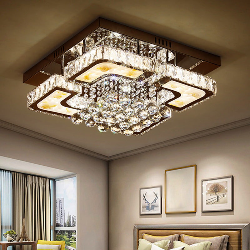 Crystal Block and Orbs Square Semi Flush Contemporary LED Chrome Ceiling Fixture with Lotus Design Chrome Clearhalo 'Ceiling Lights' 'Close To Ceiling Lights' 'Close to ceiling' 'Flush mount' Lighting' 1723317