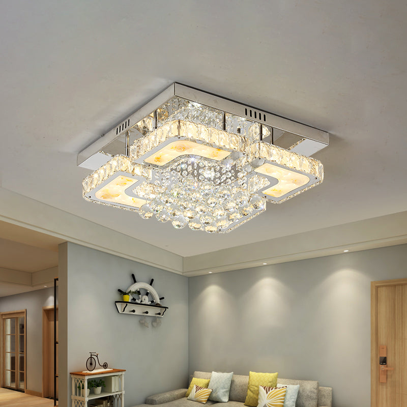 Crystal Block and Orbs Square Semi Flush Contemporary LED Chrome Ceiling Fixture with Lotus Design Clearhalo 'Ceiling Lights' 'Close To Ceiling Lights' 'Close to ceiling' 'Flush mount' Lighting' 1723318