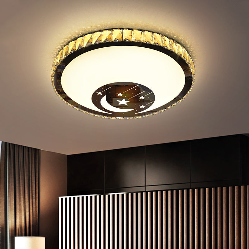 Chrome LED Circular Flush Lamp Simplicity Crystal Block Ceiling Mounted Light with Star and Moon Design Chrome Clearhalo 'Ceiling Lights' 'Close To Ceiling Lights' 'Close to ceiling' 'Flush mount' Lighting' 1723325