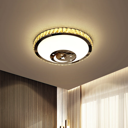 Chrome LED Circular Flush Lamp Simplicity Crystal Block Ceiling Mounted Light with Star and Moon Design Clearhalo 'Ceiling Lights' 'Close To Ceiling Lights' 'Close to ceiling' 'Flush mount' Lighting' 1723326