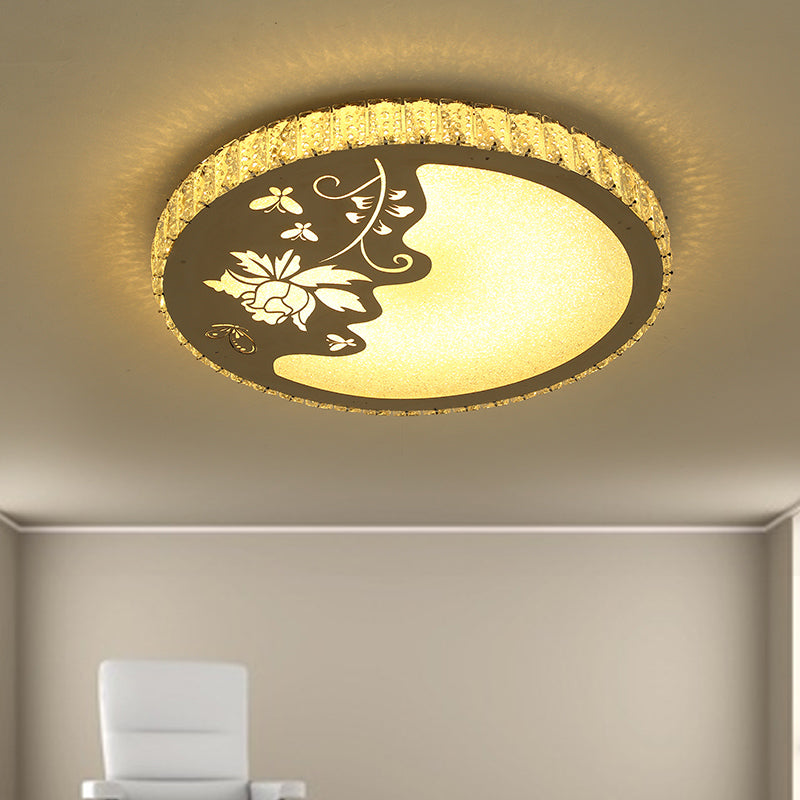 Hand-Cut Crystal Circular Ceiling Lamp Modernist LED Flush Mount Light with Butterfly and Flower Design in Chrome Chrome Clearhalo 'Ceiling Lights' 'Close To Ceiling Lights' 'Close to ceiling' 'Flush mount' Lighting' 1723333