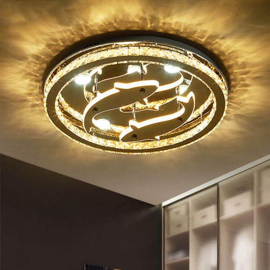 Contemporary Circle Flushmount Crystal Block Sleeping Room LED Ceiling Mounted Light with Fish Design in Chrome Chrome Clearhalo 'Ceiling Lights' 'Close To Ceiling Lights' 'Close to ceiling' 'Semi-flushmount' Lighting' 1723382