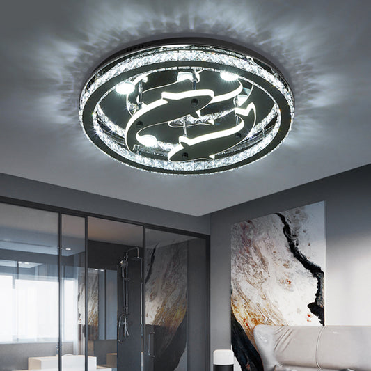 Contemporary Circle Flushmount Crystal Block Sleeping Room LED Ceiling Mounted Light with Fish Design in Chrome Clearhalo 'Ceiling Lights' 'Close To Ceiling Lights' 'Close to ceiling' 'Semi-flushmount' Lighting' 1723383