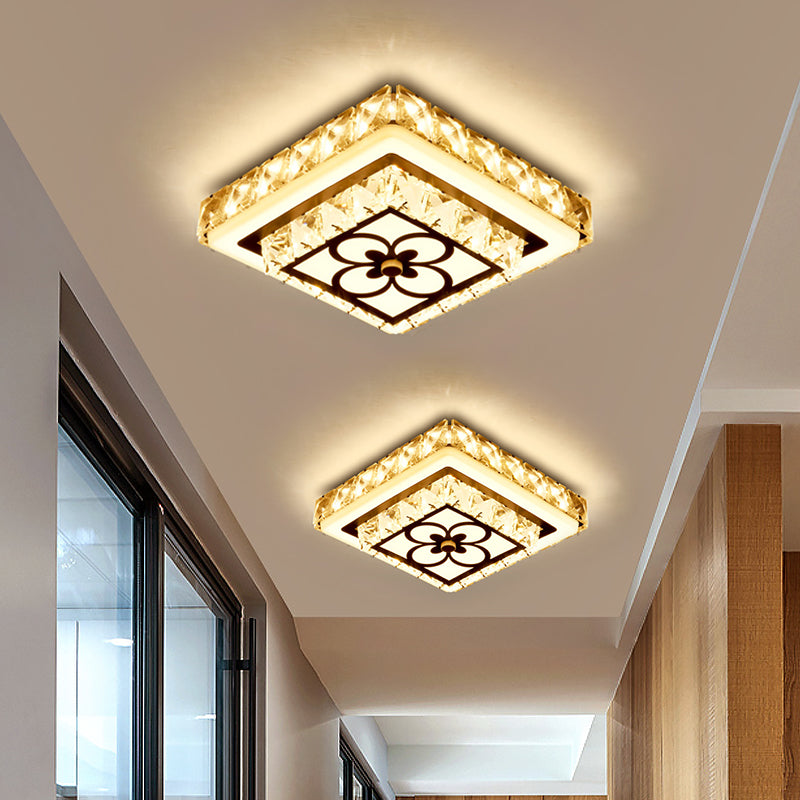 Round/Square Flush Mount Lamp Modernist Crystal Block LED Corridor Ceiling Lighting in Chrome Chrome Square Clearhalo 'Ceiling Lights' 'Close To Ceiling Lights' 'Close to ceiling' 'Flush mount' Lighting' 1723390