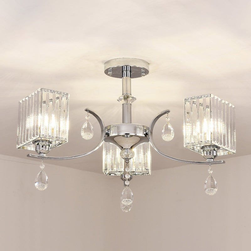 Crystal Prisms Cuboid Ceiling Light Simple 3 Heads Chrome Semi Flush Chandelier with Drop Deco Chrome Clearhalo 'Ceiling Lights' 'Close To Ceiling Lights' 'Close to ceiling' 'Semi-flushmount' Lighting' 1723543