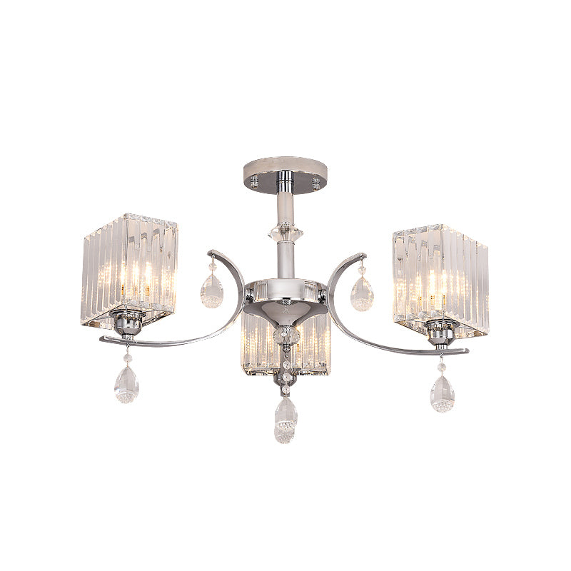 Crystal Prisms Cuboid Ceiling Light Simple 3 Heads Chrome Semi Flush Chandelier with Drop Deco Clearhalo 'Ceiling Lights' 'Close To Ceiling Lights' 'Close to ceiling' 'Semi-flushmount' Lighting' 1723545