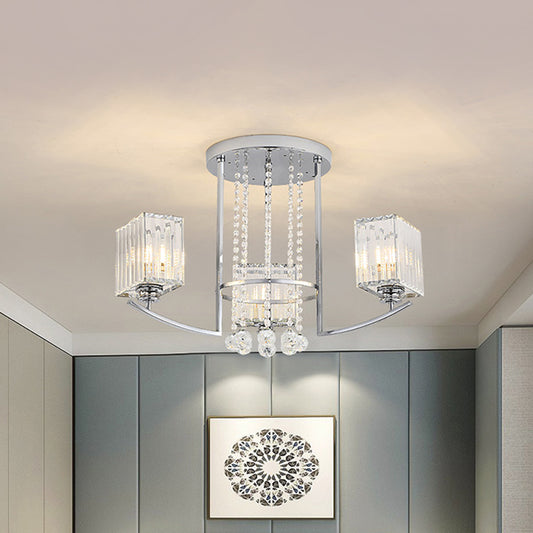 Cuboid Great Room Semi Flush Chandelier Clear Crystal 3 Lights Modern Ceiling Lamp with Strands Deco in Chrome Chrome Clearhalo 'Ceiling Lights' 'Close To Ceiling Lights' 'Close to ceiling' 'Semi-flushmount' Lighting' 1723547
