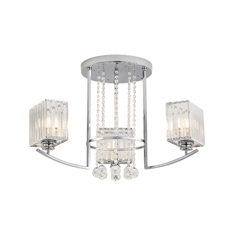 Cuboid Great Room Semi Flush Chandelier Clear Crystal 3 Lights Modern Ceiling Lamp with Strands Deco in Chrome Clearhalo 'Ceiling Lights' 'Close To Ceiling Lights' 'Close to ceiling' 'Semi-flushmount' Lighting' 1723548