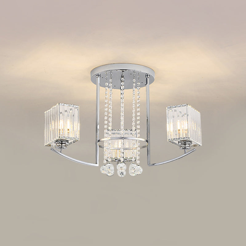 Cuboid Great Room Semi Flush Chandelier Clear Crystal 3 Lights Modern Ceiling Lamp with Strands Deco in Chrome Clearhalo 'Ceiling Lights' 'Close To Ceiling Lights' 'Close to ceiling' 'Semi-flushmount' Lighting' 1723549